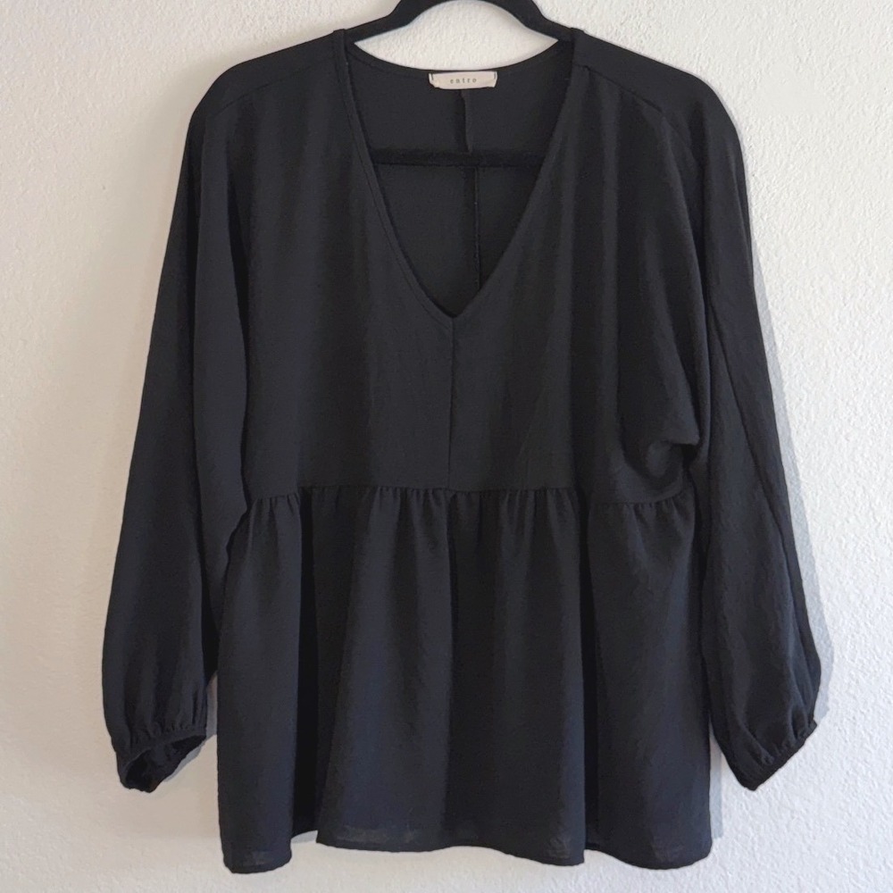 Anthro Entro Black V-Neck Babydoll Blouse Long Sleeve Empire Waist Top Small